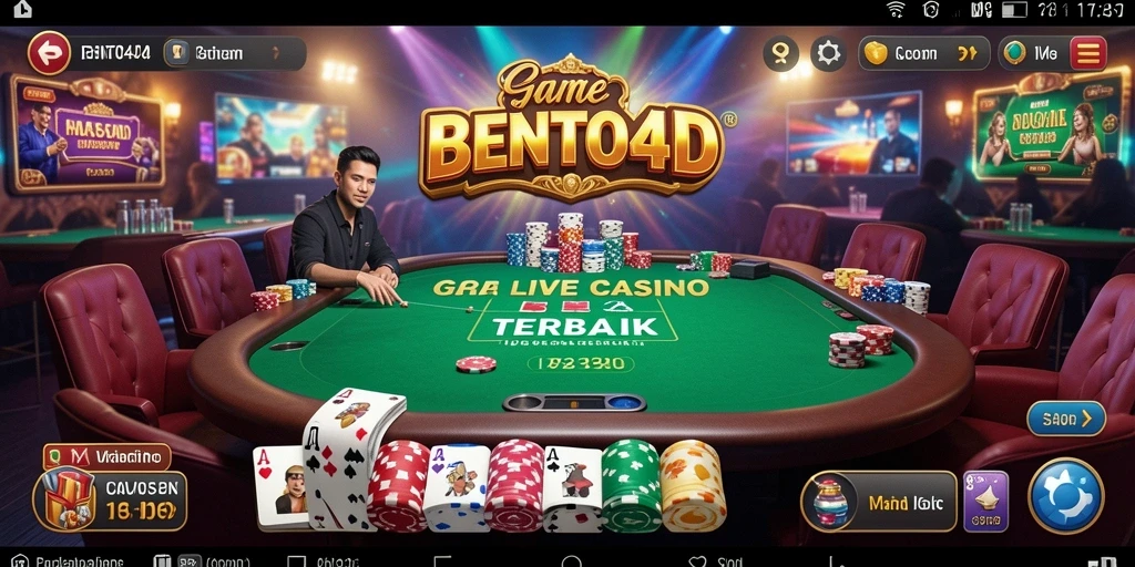 Screenshot dari gameplay BENTO4D yang menampilkan dealer langsung dan suasana kasino.