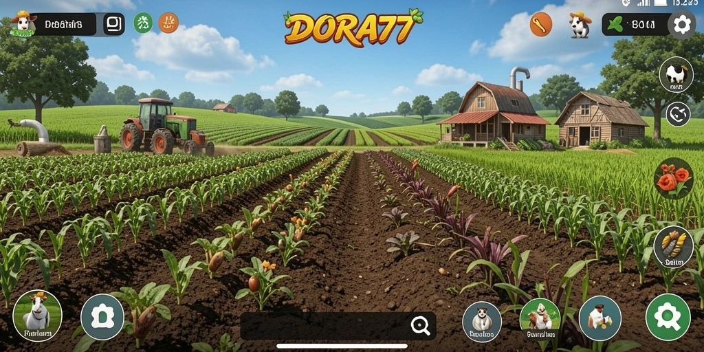Screenshot gameplay DORA77 menunjukkan kebun yang indah dengan tanaman yang subur.