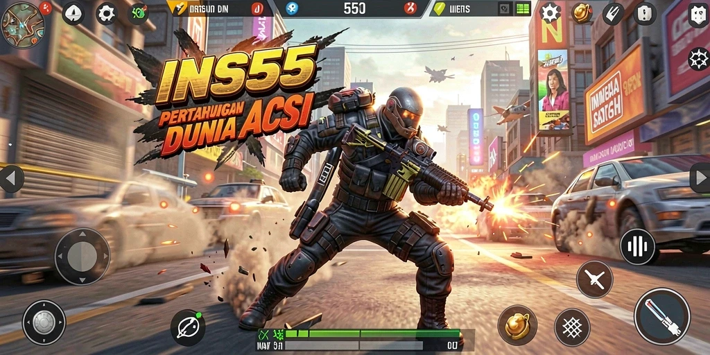 Tampilan gameplay menarik dari INS55 saat bertarung dengan musuh.