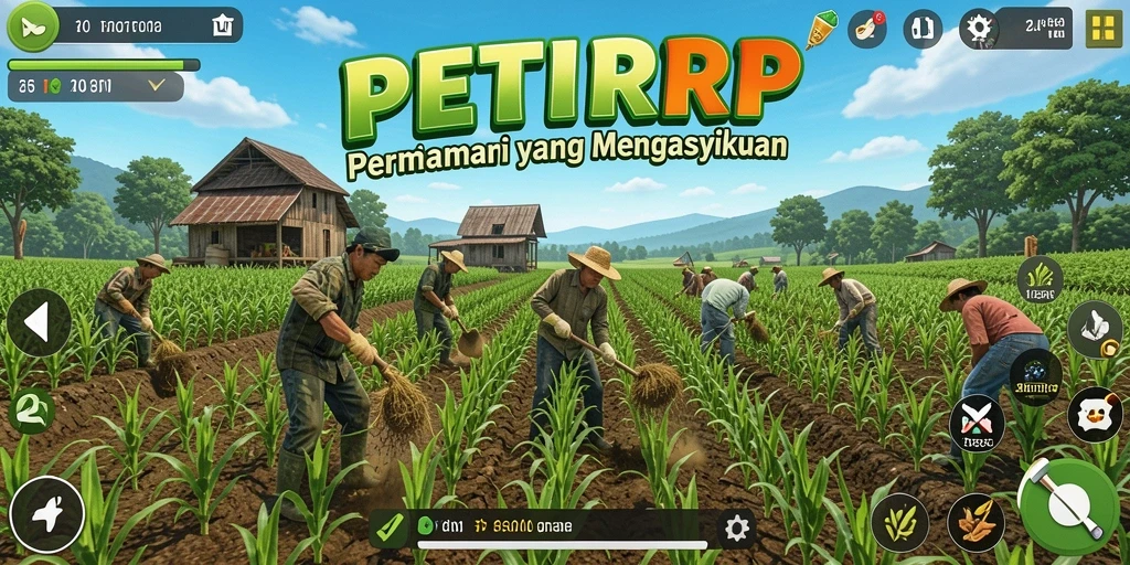 Tampilan gameplay PETIRRP dengan kebun yang subur dan hewan peliharaan yang bahagia.