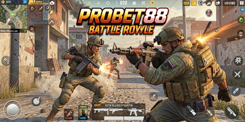 Tangkapan layar utama PROBET88 menampilkan aksi Battle Royale yang mendebarkan.